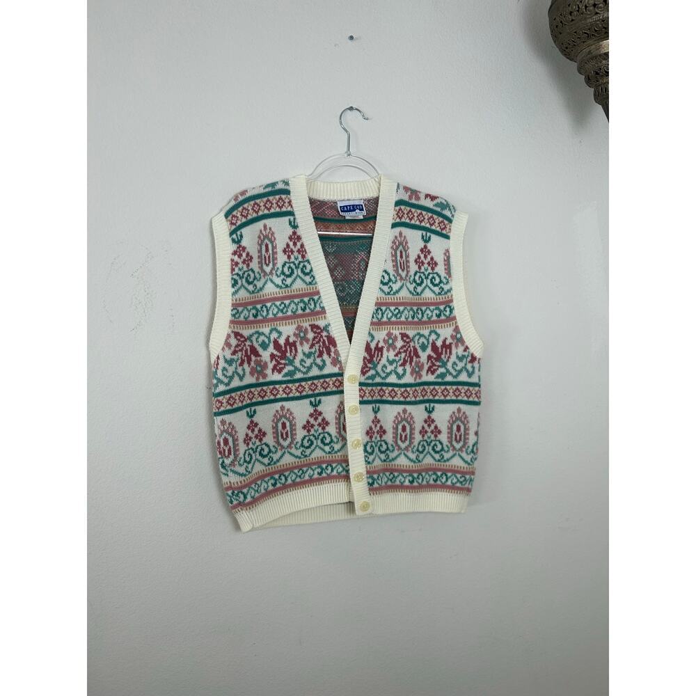 Cape Cod Sportswear Vintage Fair Isle Floral Knit Button Front Sweater Vest L